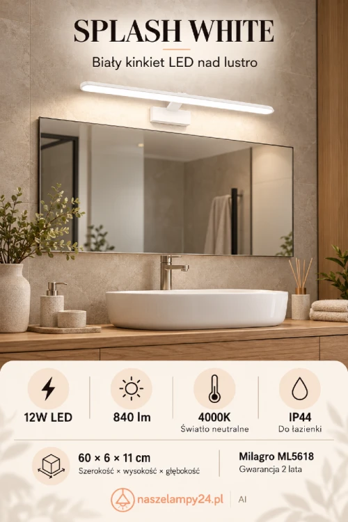 Oświetl lustro kinkietem SPLASH WHITE Milagro ML5618. Biała oprawa LED 12W emituje neutralne światło 4000K o strumieniu 840 lm. Wymiary 60 × 6 × 11 cm i ochrona IP44. Pasuje do łazienek z drewnem, beżowymi płytkami i białą ceramiką.