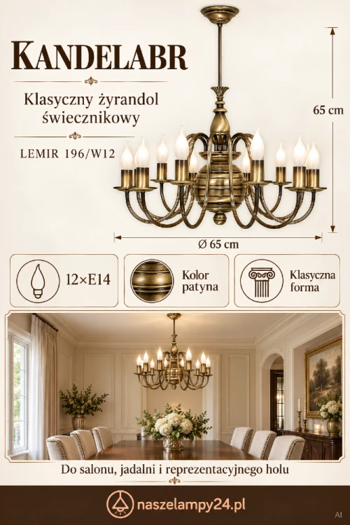 Żyrandol klasyczny KANDELABR 12xE14 patyna LEMIR to elegancka lampa sufitowa wykonana w Polsce. Idealna do wnętrz stylowych i sakralnych. Wysoka jakość, podział obwodów, stalowa konstrukcja. Produkcja LEMIR – tradycja od 1967 roku