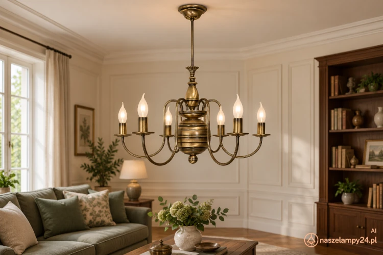 Żyrandol klasyczny KANDELABR 6xE14 patyna LEMIR to elegancka lampa sufitowa polskiej produkcji. Wykonana ze stali, idealna do wnętrz stylowych i sakralnych. Podział świecenia 3+3, wysoka jakość, tradycyjne rzemiosło i wykończenie w kolorze patyny