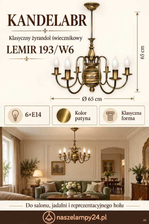 Żyrandol klasyczny KANDELABR 6xE14 patyna LEMIR to elegancka lampa sufitowa polskiej produkcji. Wykonana ze stali, idealna do wnętrz stylowych i sakralnych. Podział świecenia 3+3, wysoka jakość, tradycyjne rzemiosło i wykończenie w kolorze patyny
