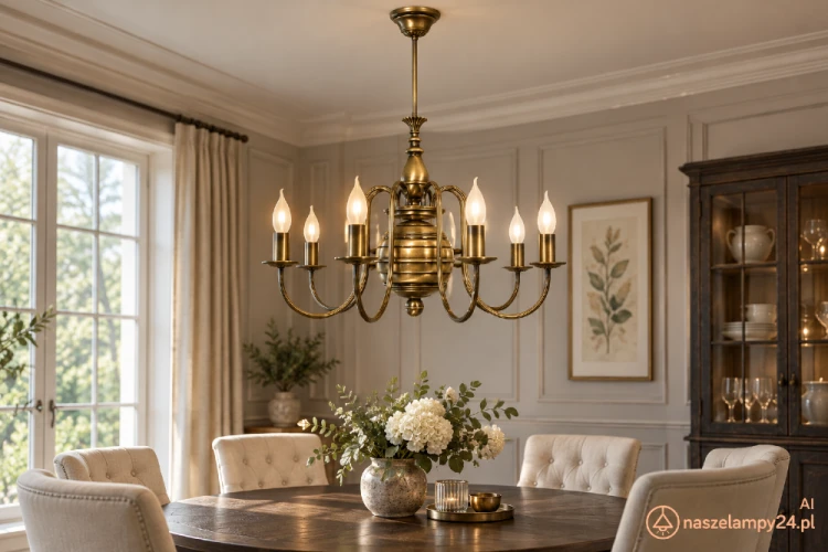 Żyrandol KANDELABR 8×E14 LEMIR 194/W8 w kolorze patyny. Klasyczna forma świecznika i osiem dekoracyjnych ramion pasują do salonu, jadalni oraz holu. Eleganckie oświetlenie do wnętrz retro, vintage i rustykalnych.