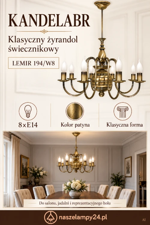 KANDELABR LEMIR 194/W8 – klasyczny żyrandol świecznikowy z ośmioma oprawkami E14. Wykończenie w kolorze patyny dobrze komponuje się z drewnem i jasnymi ścianami. Stylowa lampa do salonu lub nad stół w jadalni.