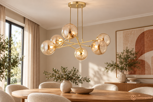 Złota lampa TRISTAN 6×E14 Alfa 63248 z bursztynowymi kloszami to dekoracyjne oświetlenie nad stół. Przecinające się ramiona tworzą przestrzenną kompozycję. Wymiary: szerokość 65 cm, wysokość 62 cm. Metal i szkło, IP20.