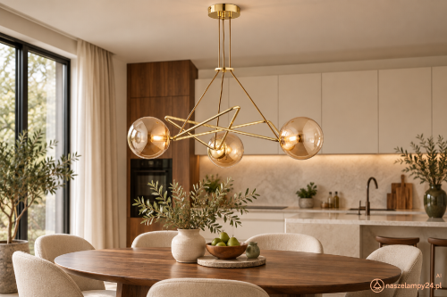Złota lampa TRISTAN 3×E14 Alfa 62343 z bursztynowymi kloszami podkreśli wystrój jadalni. Geometryczne ramiona tworzą przestrzenną kompozycję nad stołem. Metal i szkło, szerokość 60 cm, wysokość 58 cm, IP20, 230 V.