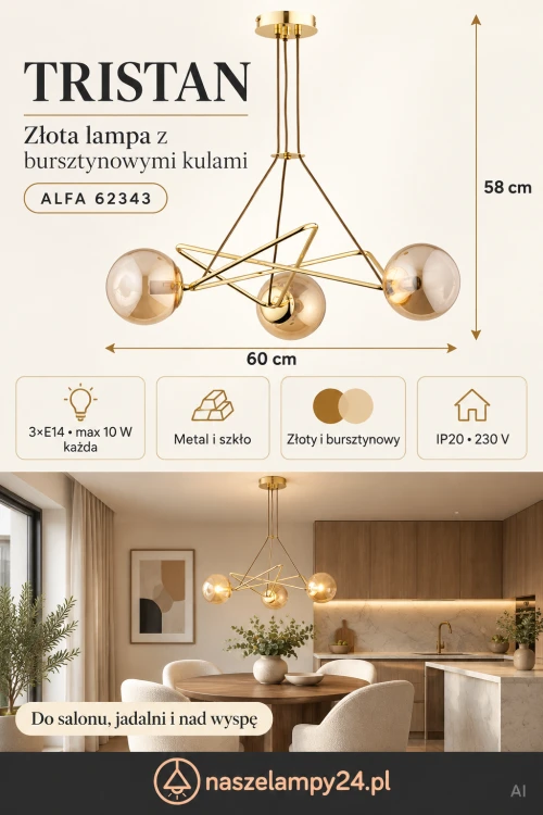 TRISTAN Alfa 62343 to lampa sufitowa ze złotą oprawą i trzema bursztynowymi kulami. Pasuje do wnętrz nowoczesnych, glamour i retro. Wymiary: 60 cm szerokości, 58 cm wysokości. Wymienne żarówki 3×E14 max 10 W każda.