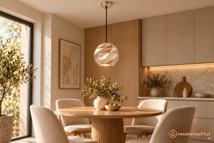 Złota lampa wisząca PALERMO Italux pasuje nad stół, wyspę kuchenną lub barek. Geometryczny metalowy klosz Ø22 cm podkreśla nowoczesne wnętrza. Zawieszenie 90 cm można skrócić. Gniazdo E27 max 40 W, IP20, 230 V.