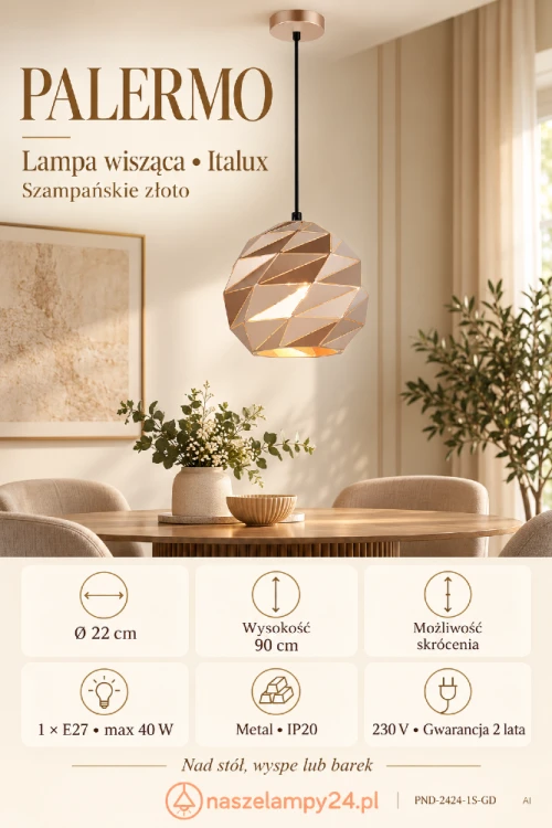 Złota lampa wisząca PALERMO Italux pasuje nad stół, wyspę kuchenną lub barek. Geometryczny metalowy klosz Ø22 cm podkreśla nowoczesne wnętrza. Zawieszenie 90 cm można skrócić. Gniazdo E27 max 40 W, IP20, 230 V.