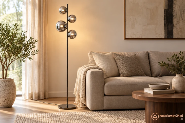 Lampa podłogowa CANELLO Italux 4xG9 w kolorze czarnego perłowego z dymionymi kulami. Elegancka oprawa o wysokości 160 cm i szerokości 31 cm, idealna do salonu, sypialni czy gabinetu. Solidne wykonanie z metalu i szkła, gwarancja 2 lata