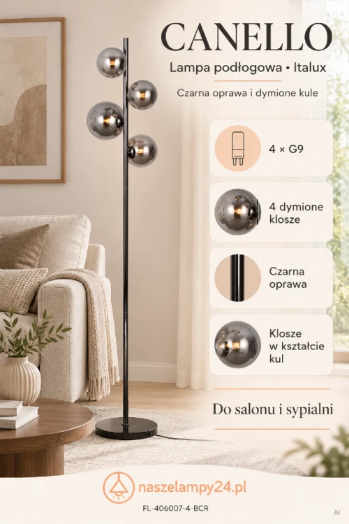 Lampa podłogowa CANELLO Italux 4xG9 w kolorze czarnego perłowego z dymionymi kulami. Elegancka oprawa o wysokości 160 cm i szerokości 31 cm, idealna do salonu, sypialni czy gabinetu. Solidne wykonanie z metalu i szkła, gwarancja 2 lata