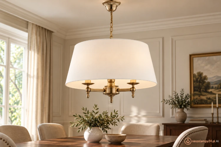 Klasyczna lampa sufitowa ROKSANA Alfa 16073 z trzema oprawkami E14 i dużym, białym abażurem. Dekoracyjna konstrukcja w kolorze patyny doskonale pasuje do eleganckiego salonu, jadalni, sypialni lub stylowego gabinetu.
