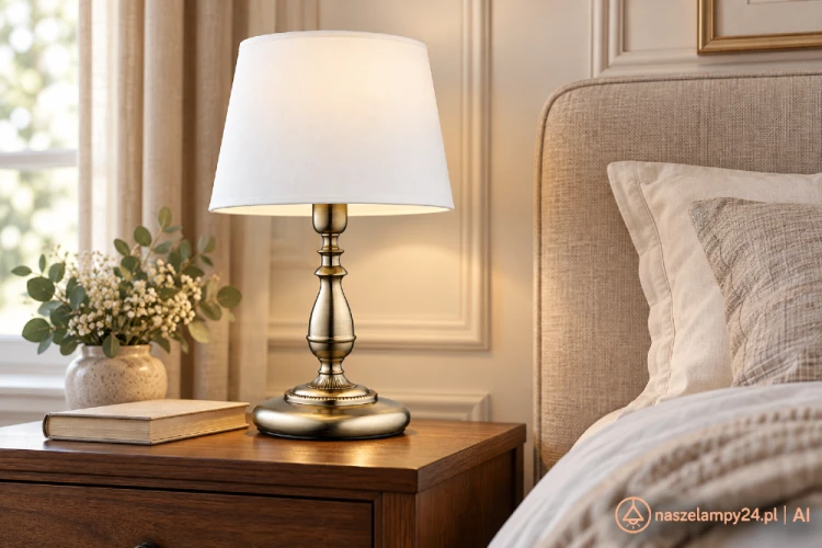 Lampka nocna ROKSANA Alfa 16078 z białym abażurem i metalową podstawą w kolorze patyny. Klasyczne oświetlenie do sypialni, salonu i gabinetu. Wysokość 35 cm, szerokość 22 cm, 1×E27 max 40 W. Włącznik na przewodzie. Polski producent.