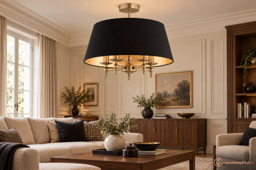 ROKSANA MIX 63289 Alfa to elegancka lampa sufitowa z jednym dużym czarnym abażurem. Patynowane ramiona pasują do drewna i jasnych wnętrz. Metal i tkanina, 5×E14, średnica 50 cm, wysokość 46 cm. Sprawdź na naszelampy24.pl.