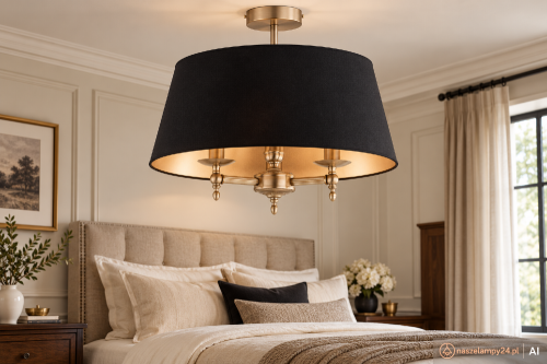 Lampa sufitowa ROKSANA MIX Alfa 62482 to eleganckie oświetlenie z czarnym abażurem ze złotym wnętrzem i patynowaną armaturą. Wykonana z metalu i tkaniny, średnica 50 cm, wysokość 46 cm. Źródło światła 3xE14, IP20, 230V. Idealna do salonu i jadalni.