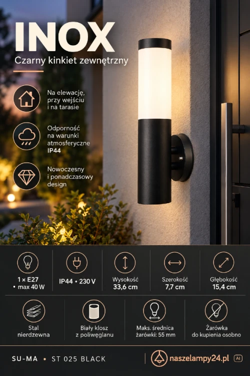 Lampa ścienna INOX ST 025 BLACK marki SU-MA to oświetlenie elewacji, tarasu i wejścia do domu. Czarna stal nierdzewna i biały klosz pasują do nowoczesnych budynków. Kinkiet ma IP44, zasilanie 230V i gniazdo 1xE27 max 40W. Wysokość oprawy wynosi 33,6 cm.