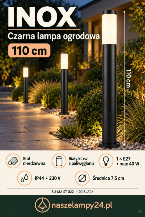 INOX SU-MA ST 022-1100 BLACK to smukła lampa stojąca do ogrodu o wysokości 110 cm. Czarny korpus ze stali nierdzewnej i biały klosz tworzą prostą, elegancką formę. Gniazdo E27 max 40 W pozwala dobrać światło do potrzeb. IP44, zasilanie 230 V.