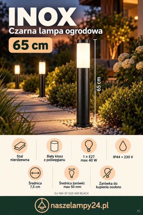 Oświetl alejkę i otoczenie tarasu lampą INOX SU-MA ST 022-650 BLACK. Czarny słupek ze stali nierdzewnej ma wysokość 65 cm i średnicę 7,5 cm. Biały klosz rozprasza światło. Gniazdo E27 max 40 W, IP44, 230 V. Żarówkę należy kupić osobno.