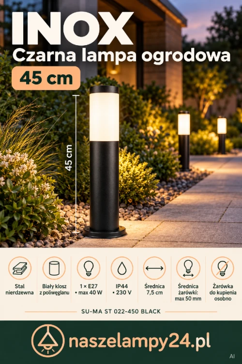 Oświetl ogród lampą INOX SU-MA ST 022-450 BLACK. Niski słupek 45 cm ma czarny korpus ze stali nierdzewnej i biały klosz. Pasuje do ścieżek i tarasu. Średnica 7,5 cm, 1xE27 max 40 W, IP44, 230 V. Żarówka osobno, o średnicy do 50 mm.
