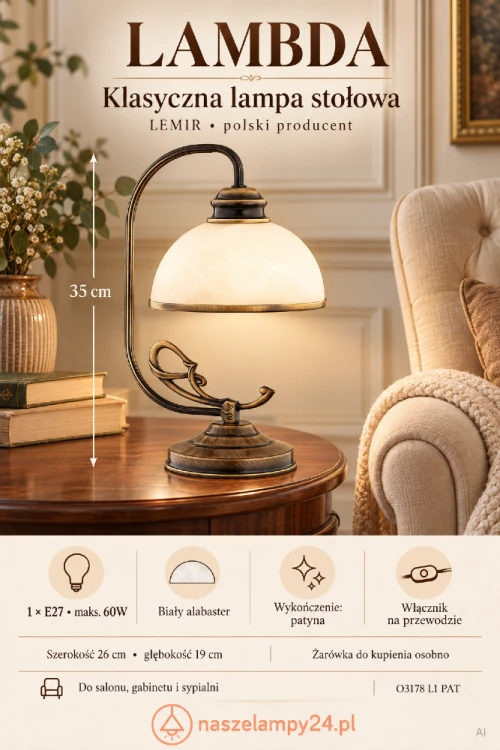 Dodaj elegancji wnętrzu z lampą LAMBDA LEMIR 35 cm. Patynowana armatura i biały alabaster pięknie komponują się z drewnianymi meblami. Model O3178 L1 PAT ma gniazdo 1×E27 maks. 60W oraz włącznik na przewodzie. Do salonu i gabinetu.