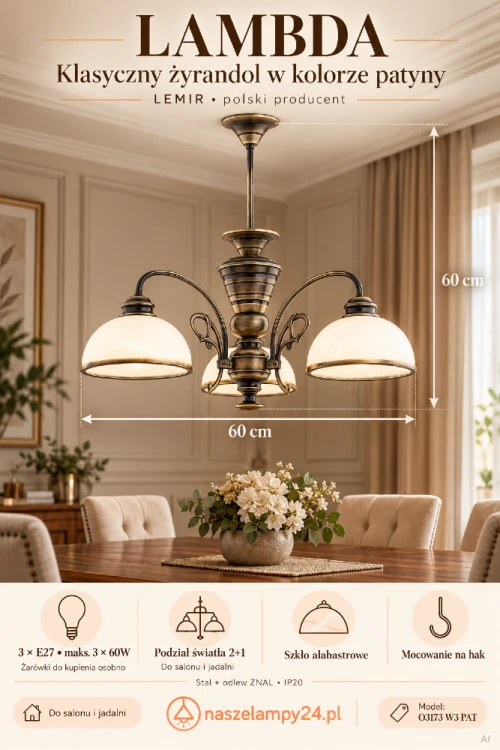 Lampa sufitowa LAMBDA O3173 W3 PAT podkreśli elegancję salonu, jadalni lub gabinetu. Patynowana armatura i trzy alabastrowe klosze pasują do wnętrz retro. Wymiary 60×60 cm, 3×E27 maks. 60W na żarówkę. Polski producent LEMIR.