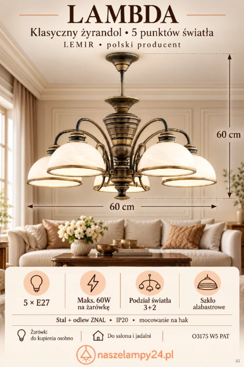 Lampa sufitowa LAMBDA O3175 W5 PAT podkreśli elegancję wnętrza. Patynowane ramiona i pięć alabastrowych kloszy pasują do salonu, jadalni i gabinetu. Wymiary 60×60 cm, 5×E27, maks. 60W każde. Podział światła 3+2. Producent LEMIR.