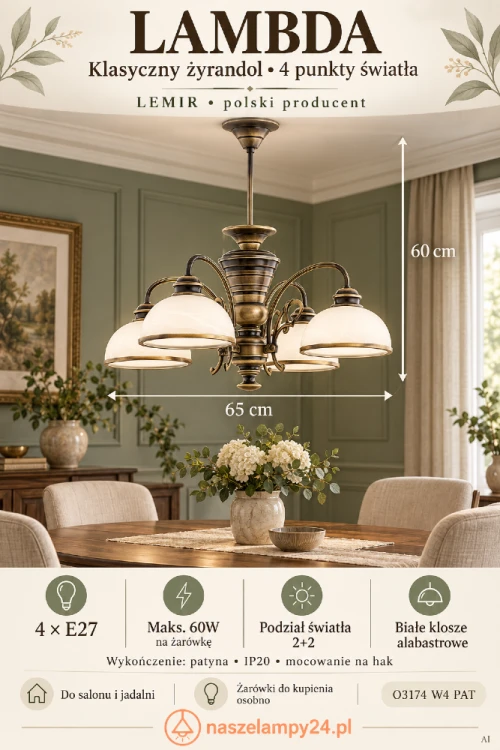 Lampa sufitowa LAMBDA O3174 W4 PAT podkreśli elegancję salonu, jadalni i gabinetu. Patynowana armatura, cztery białe klosze alabastrowe, szerokość 65 cm i wysokość 60 cm. Gniazda 4×E27, maks. 60W każde. Podział światła 2+2. Producent LEMIR.