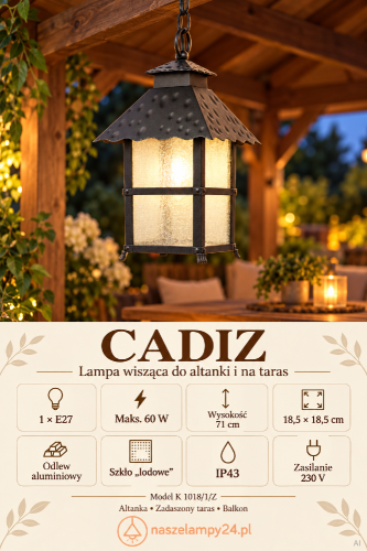 CADIZ K 1018/1/Z to klasyczna lampa ogrodowa wisząca na łańcuchu. Dekoracyjne szkło lodowe podkreśla jej styl. Idealna nad stół w altance lub na zadaszonym tarasie. Aluminium, 1×E27 maks. 60 W, wysokość 71 cm, IP43.
