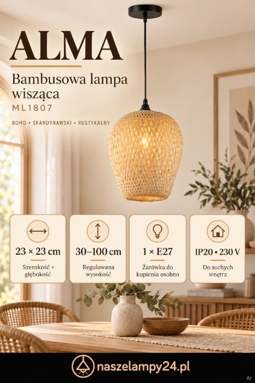 Bambusowa lampa wisząca ALMA ML1807 łączy naturalny klosz z czarnymi metalowymi detalami. Idealna do salonu, jadalni i sypialni w stylu boho. Szerokość 23 cm, wysokość regulowana 30–100 cm, gniazdo E27, IP20. Bez żarówki.