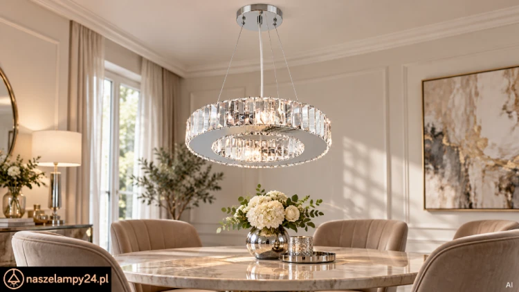 Lampa wisząca WINDSOR 4×E14 zachwyca chromowanym pierścieniem i transparentnymi kryształami. Sprawdzi się nad stołem, w salonie lub sypialni. Szerokość 40 cm, wysokość oprawy 9 cm, całkowita 100 cm. Model Elem 6350/4 8C.