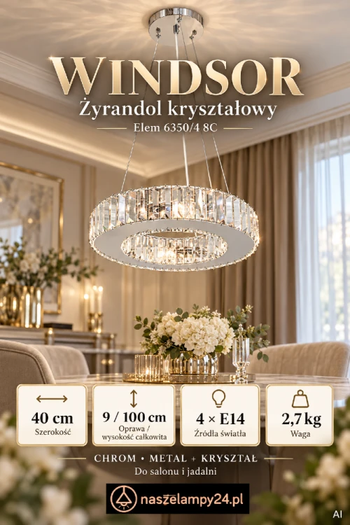 WINDSOR Elem 6350/4 8C – żyrandol kryształowy do wnętrz glamour i nowoczesnych. Metalowa oprawa w kolorze chromu podkreśla blask kryształów. Lampa ma szerokość 40 cm, wysokość całkowitą 100 cm i cztery gniazda E14. Waga 2,7 kg.
