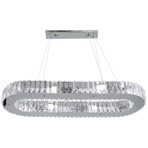 Żyrandol kryształowy WINDSOR Elem 6350/8 8C to owalna lampa wisząca nad stół. Chrom i transparentne kryształy podkreślają wnętrza glamour. Wymiary 78 × 28 cm, wysokość całkowita 88 cm, 8×E14. Eleganckie oświetlenie salonu i jadalni.