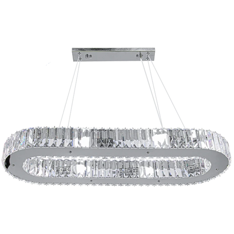 Żyrandol kryształowy WINDSOR Elem 6350/8 8C to owalna lampa wisząca nad stół. Chrom i transparentne kryształy podkreślają wnętrza glamour. Wymiary 78 × 28 cm, wysokość całkowita 88 cm, 8×E14. Eleganckie oświetlenie salonu i jadalni.