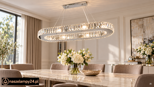 Owalna lampa wisząca WINDSOR 8×E14 łączy chromowaną oprawę z dekoracyjnymi kryształami. Idealna nad prostokątny stół lub wyspę kuchenną. Wymiary 78 × 28 cm, wysokość oprawy 9 cm, całkowita 88 cm. Elem 6350/8 8C.