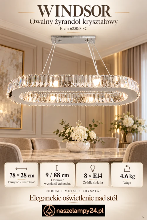 WINDSOR Elem 6350/8 8C – kryształowy żyrandol do salonu i jadalni. Wydłużona oprawa w kolorze chromu pięknie odbija światło. Długość 78 cm, szerokość 28 cm, wysokość całkowita 88 cm. Osiem gniazd E14, metal i kryształ, waga 4,6 kg.