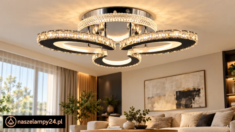 Kryształowy plafon CORONA 31 W LED to elegancka lampa sufitowa do wnętrz glamour. Chromowane i czarne detale podkreślają dekoracyjną formę. 2600 lm, CCT 3000–6000 K, szerokość 47 cm, wysokość 10 cm. Elem DRS1420/3 8C BL, bez pilota.