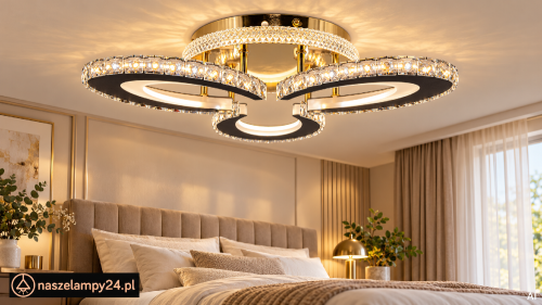 Złoto-czarny plafon CORONA 31W LED to eleganckie oświetlenie salonu, jadalni i przedpokoju. Kryształowe detale podkreślają styl glamour. Model Elem DRS1420/3 TR BL oferuje 2600 lm i barwę CCT 3000–6000K. Wysokość 10 cm.