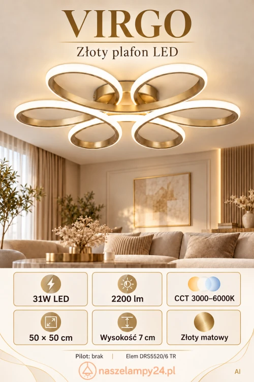 Złoty plafon VIRGO 31W LED to oświetlenie do salonu, jadalni i przedpokoju. Matowe wykończenie i owalne pętle pasują do wnętrz nowoczesnych oraz glamour. 2200 lm, CCT 3000–6000K, wysokość tylko 7 cm. Marka Elem.