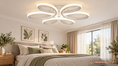 Biały plafon VIRGO 31W LED zdobi sufit formą przypominającą kwiat. Pasuje do wnętrz nowoczesnych i skandynawskich. 2200 lm, barwa CCT 3000–6000K oraz wysokość tylko 7 cm. Model Elem DRS5520/6 WH, wymiary 50 × 50 cm.