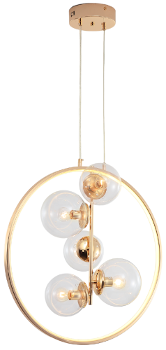 Lampa wisząca NOVA Elem DRS8202/5 TR łączy złoty ring LED z pięcioma szklanymi kulami. 5×E14 oraz LED 16W, 765 lm, CCT 3000–6000K. Szerokość 55 cm, wysokość całkowita do 175 cm. Eleganckie oświetlenie nad stół w jadalni.