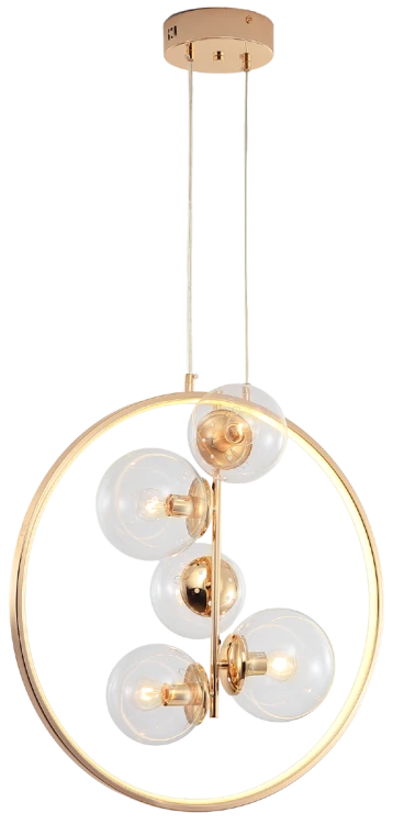 Lampa wisząca NOVA Elem DRS8202/5 TR łączy złoty ring LED z pięcioma szklanymi kulami. 5×E14 oraz LED 16W, 765 lm, CCT 3000–6000K. Szerokość 55 cm, wysokość całkowita do 175 cm. Eleganckie oświetlenie nad stół w jadalni.