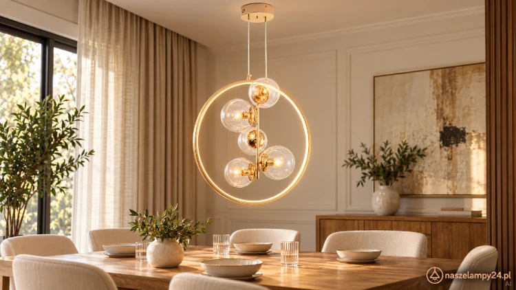 NOVA Elem DRS8202/5 TR to dekoracyjna lampa sufitowa ze złotym ringiem i pięcioma szklanymi kulami. Oprawki 5×E14 uzupełnia LED 16W o barwie CCT 3000–6000K. Szerokość 55 cm. Do wnętrz nowoczesnych i glamour.