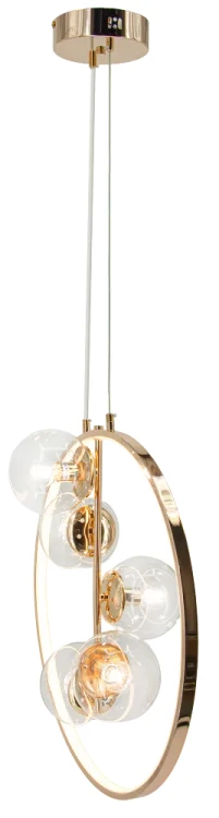 Lampa NOVA 5×E14 + LED 16W pasuje do salonu, jadalni i reprezentacyjnego holu. Złota oprawa, szklane kule i pionowy ring podkreślają elegancki wystrój. Szerokość 55 cm, zawieszenie do 175 cm. Elem DRS8202/5 TR.
