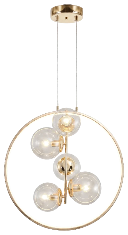 Złoty ring i szklane kule – lampa wisząca NOVA Elem do nowoczesnych wnętrz. 5×E14, dodatkowe LED 16W, 765 lm oraz CCT 3000–6000K. Metal, szkło i akryl. Szerokość 55 cm, wysokość części ozdobnej 55 cm. Bez pilota.