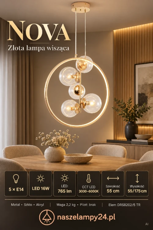 Złota lampa NOVA z transparentnymi kulami i pionową obręczą LED. Do salonu, jadalni lub nad wyspę kuchenną. 5×E14, LED 16W, 765 lm i CCT 3000–6000K. Szerokość 55 cm, regulowane zawieszenie do 175 cm. Marka Elem.
