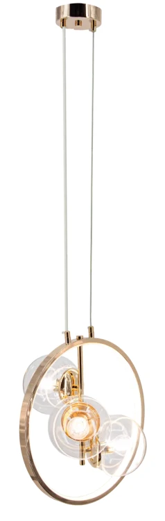 Lampa NOVA Elem DRS8202/3 TR łączy złoty ring LED z trzema szklanymi kulami. 3×E14 oraz LED 11W, 563 lm, CCT 3000–6000K. Szerokość 35 cm, regulowana wysokość 35–155 cm. Eleganckie oświetlenie nad stół w jadalni.