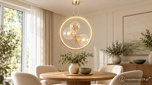 Złota lampa wisząca NOVA z transparentnymi kulami i pionową obręczą LED. Do salonu, jadalni lub nad wyspę kuchenną. 3×E14, LED 11W, 563 lm i CCT 3000–6000K. Szerokość 35 cm, wysokość 35–155 cm. Model bez pilota.