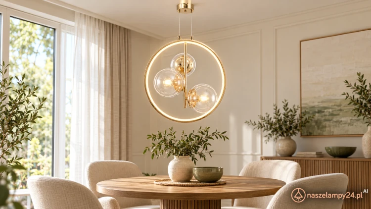 Złota lampa wisząca NOVA z transparentnymi kulami i pionową obręczą LED. Do salonu, jadalni lub nad wyspę kuchenną. 3×E14, LED 11W, 563 lm i CCT 3000–6000K. Szerokość 35 cm, wysokość 35–155 cm. Model bez pilota.