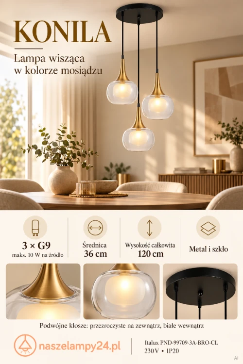 Mosiężna lampa KONILA 3×G9 Italux podkreśli wystrój jadalni, salonu lub sypialni. Metal i szkło, czarne zawieszenie oraz trzy podwójne klosze tworzą elegancką całość. Średnica 36 cm, wysokość 120 cm, maks. 3×10 W, 230 V, IP20.