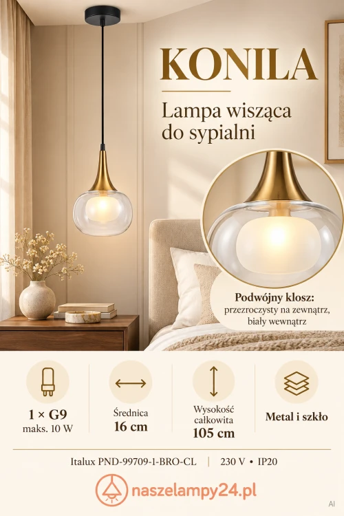 Mosiężna lampa wisząca KONILA Italux sprawdzi się nad szafką nocną, stolikiem lub wyspą kuchenną. Metal, szkło i podwójny klosz tworzą stylowy dodatek do wnętrza. Średnica 16 cm, wysokość całkowita 105 cm, 1×G9 maks. 10 W, 230 V, IP20.