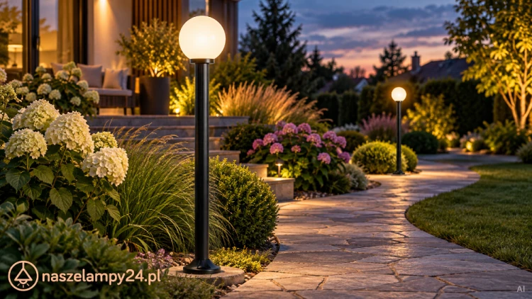 Czarna lampa ogrodowa KULA łączy klasyczną formę z wymiennym źródłem światła E27. Wysokość 170 cm i kulisty klosz 20 cm tworzą elegancką oprawę ścieżek i tarasów. Maks. 100 W, IP43, 230 V. Model K 5002/1/K 200.