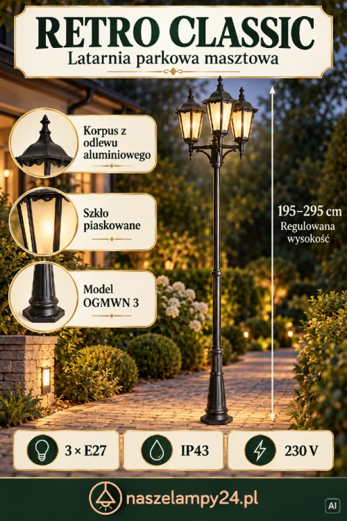 RETRO CLASSIC OGMWN 3 – latarnia ogrodowa na maszt z trzema punktami światła E27. Wysokość 195–295 cm pozwala dopasować ją do otoczenia. Szkło piaskowane, odlew aluminiowy i IP43. Idealna przy alejce, podjeździe i wejściu.